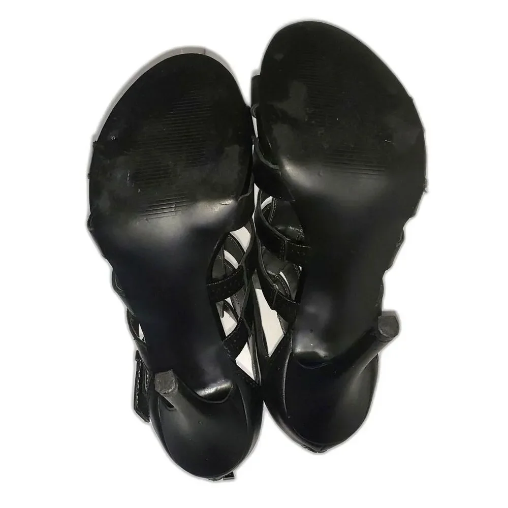 GUESS Black Leather Strappy Cage Buckle High Heel Bootie Shoes Womens Size 7